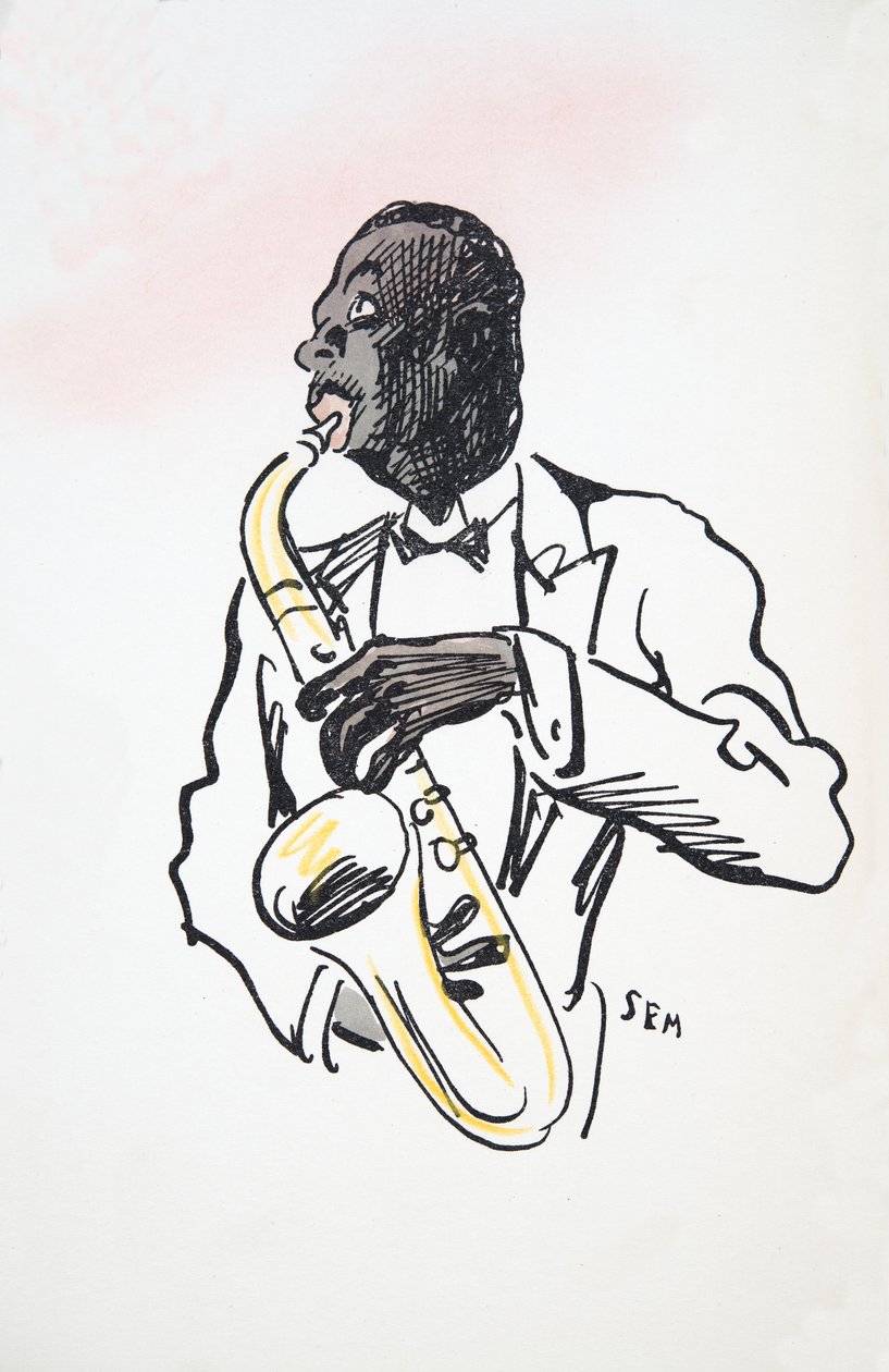 Jogador de saxofone, de White Bottoms, pub. 1927 (impressão de bloco de cor) de Sem