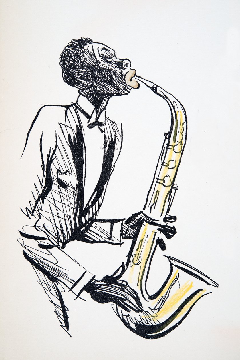 Jogador de saxofone, de White Bottoms, pub. 1927 (impressão de bloco de cor) de Sem