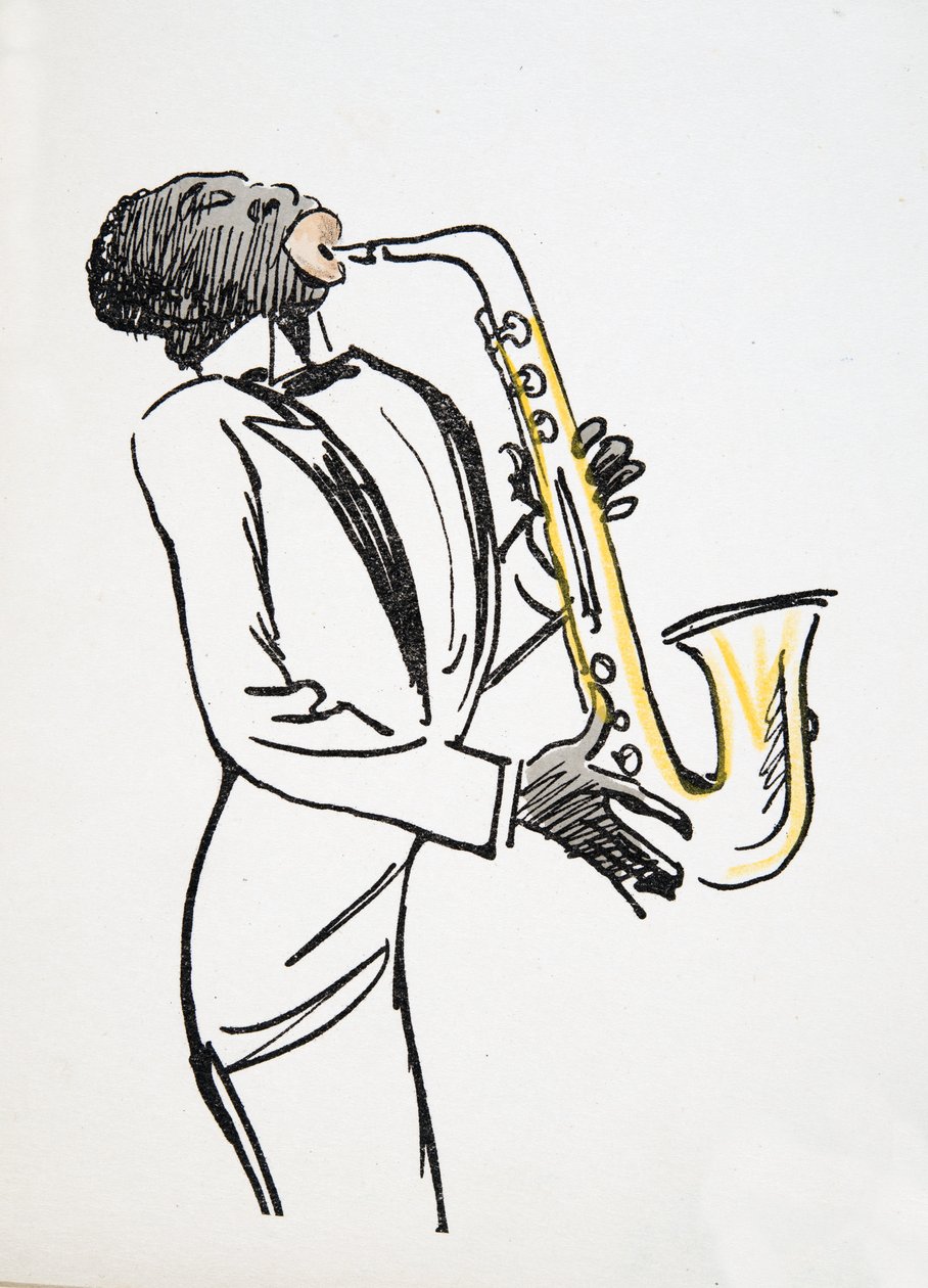 Jogador de saxofone, de White Bottoms, pub. 1927 (impressão de bloco de cor) de Sem