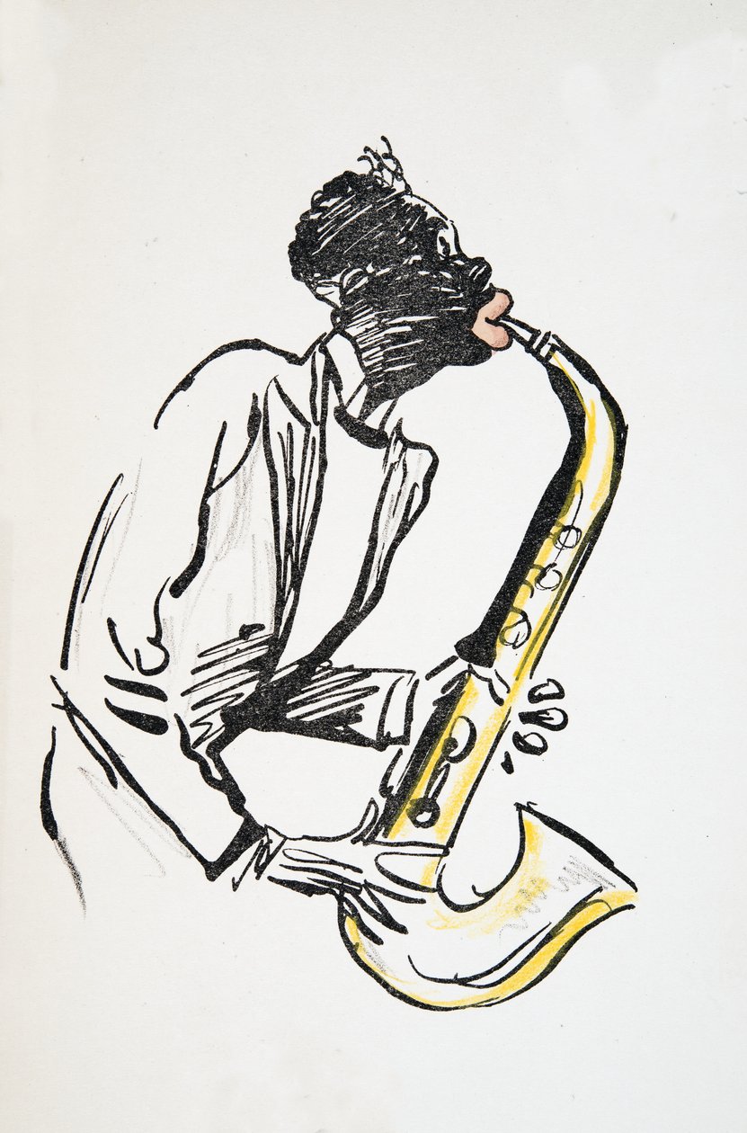 Jogador de saxofone, de White Bottoms, pub. 1927 (impressão de bloco de cor) de Sem