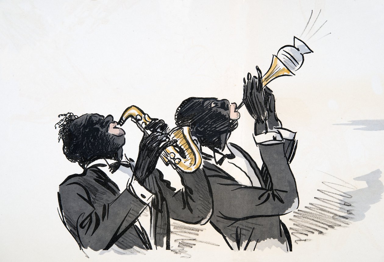 Jogador do saxofone e de trombeta, de White Bottoms, bar. 1927 (impressão de bloco de cor) de Sem