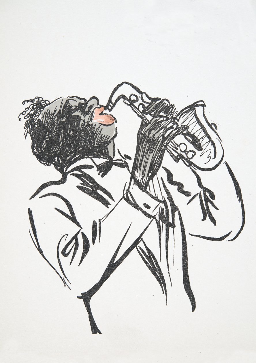 Saxofonista, de White Bottoms, pub. 1927 (impressão de bloco de cor) de Sem