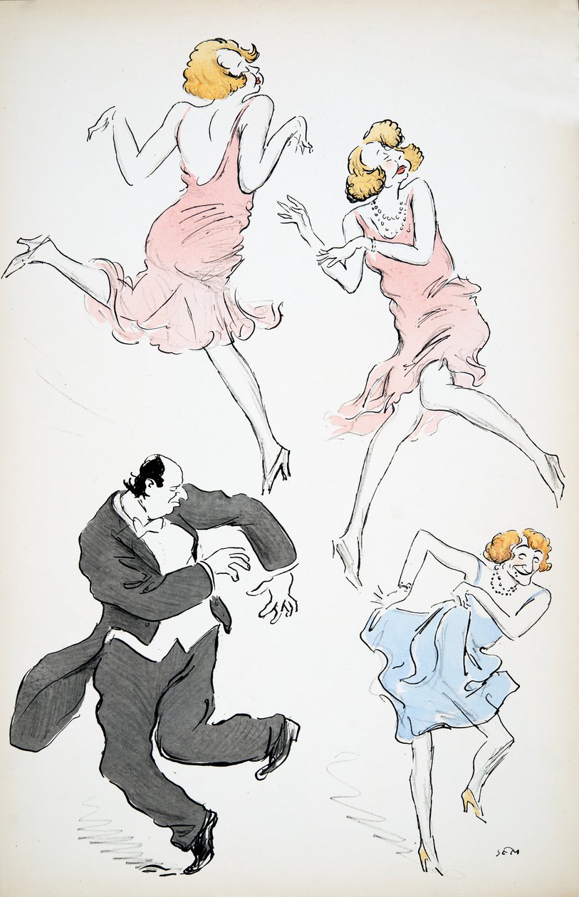 Três ilustrações de travestis em vestidos azuis e cor-de-rosa dançando com um cavalheiro maior de gravata e rabo brancos, de White Bottoms, pub. 1927 (impressão de bloco de cor) de Sem