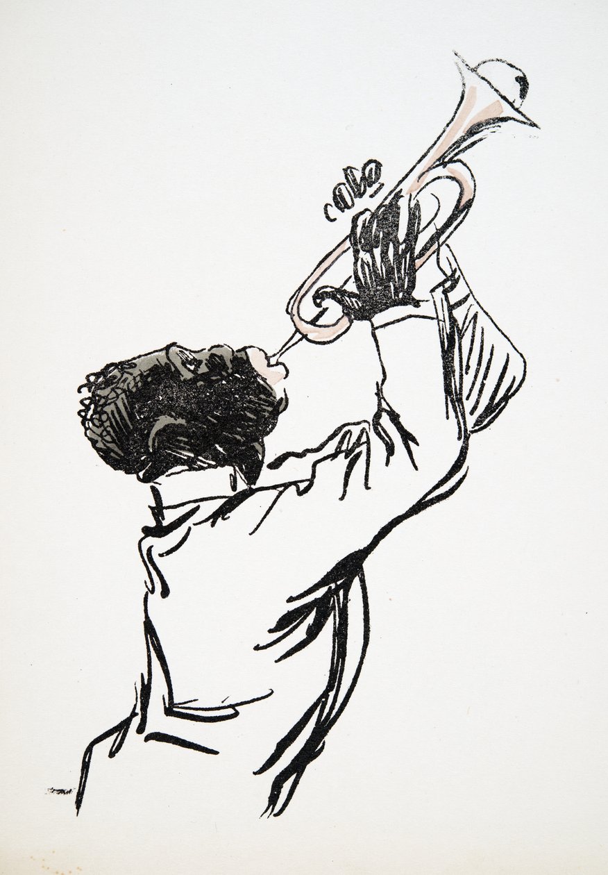 Jogador de trombeta, de White Bottoms, pub. 1927 (impressão de bloco de cor) de Sem