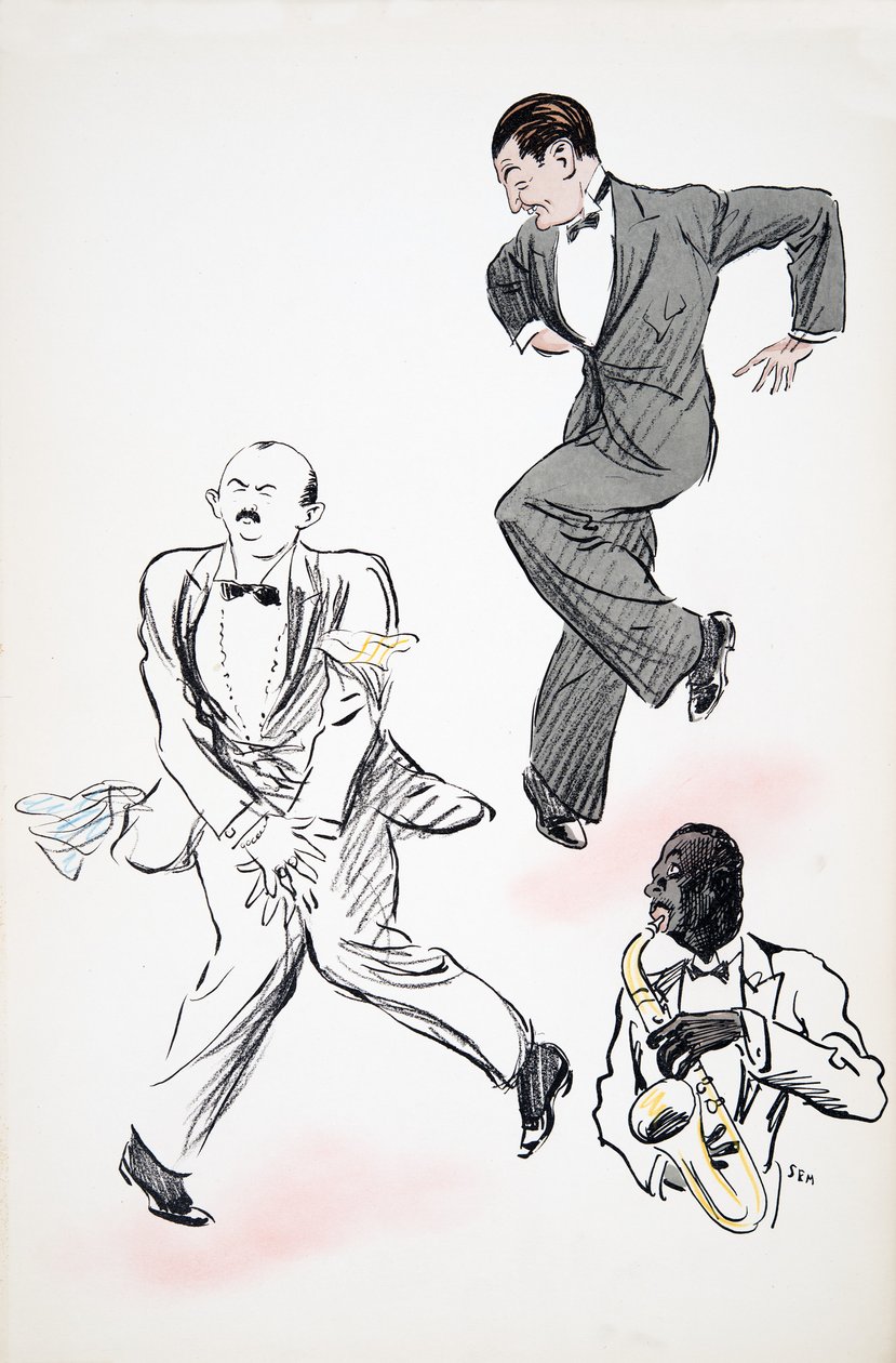 Cavalheiro dois no traje de cerimônia que dança ao jazz, jogado por um músico no saxofone, de White Bottoms, bar. 1927 (impressão de bloco de cor) de Sem