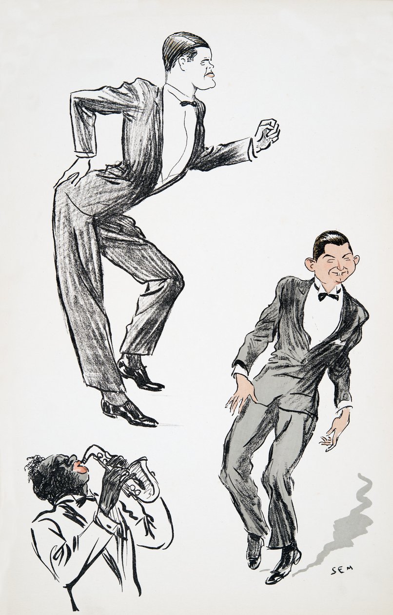 Dois homens em gravata-borboleta dançar a um músico no saxofone, de White Bottoms, pub. 1927 (impressão de bloco de cor) de Sem