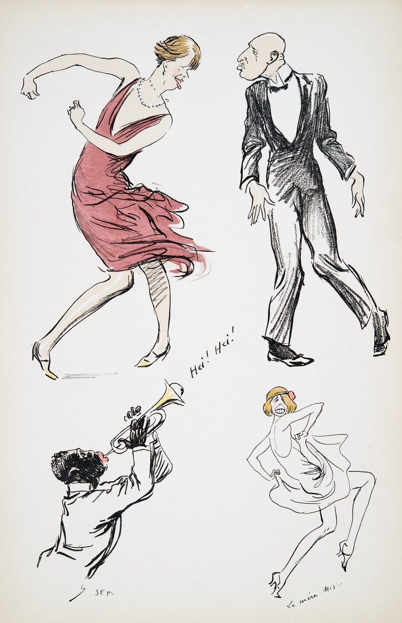 Dois travestis e homem no traje de cerimónia que dança a um saxofone, de White Bottoms, bar. 1927 (impressão de bloco de cor) de Sem
