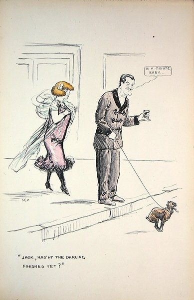 Casal à espera de um cão para terminar o seu negócio, c.1921 (cor litho) de Sem