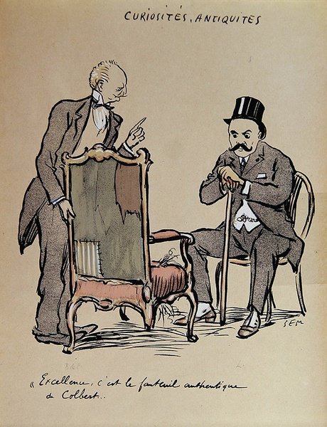Rich Art Collector inspecionando uma cadeira alegadamente de propriedade de Colbert. c.1919 (cor litho) de Sem