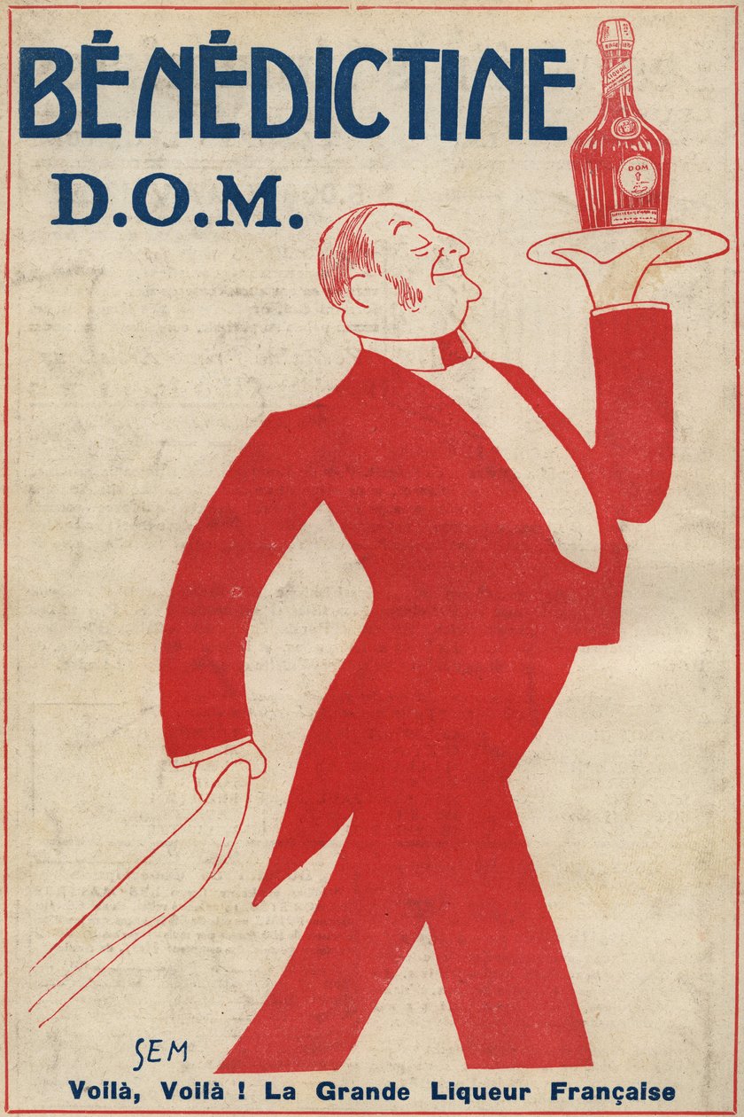 Publicidade para o digestivo (licor) "Benedictine" (D.O.M.) Um rapaz do café transporta uma garrafa numa bandeja. Desenho por Sem (1873-1932). 1911. de Sem