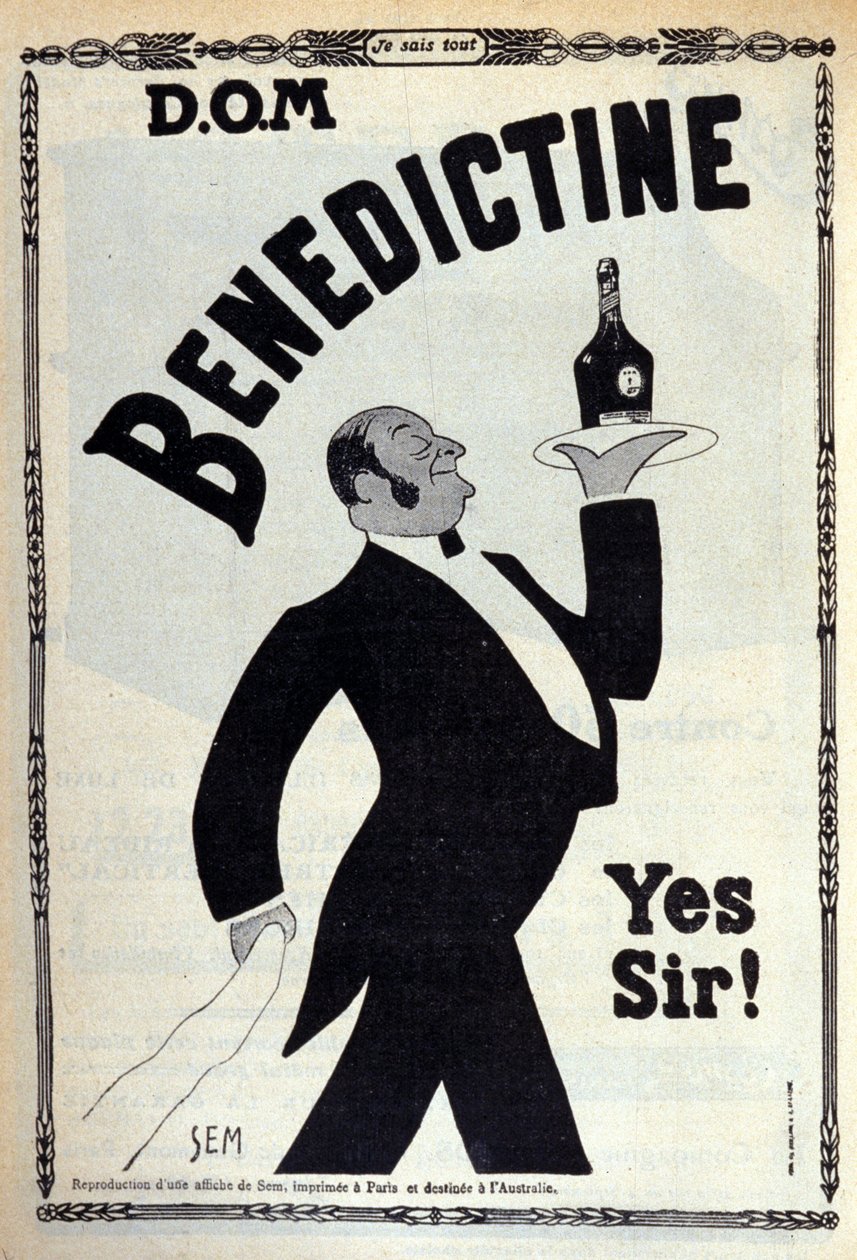 Publicidade para o digestivo "Benedictine" Um rapaz do café usa uma garrafa numa bandeja. Desenho por Sem (1873-1932). 1910 de Sem