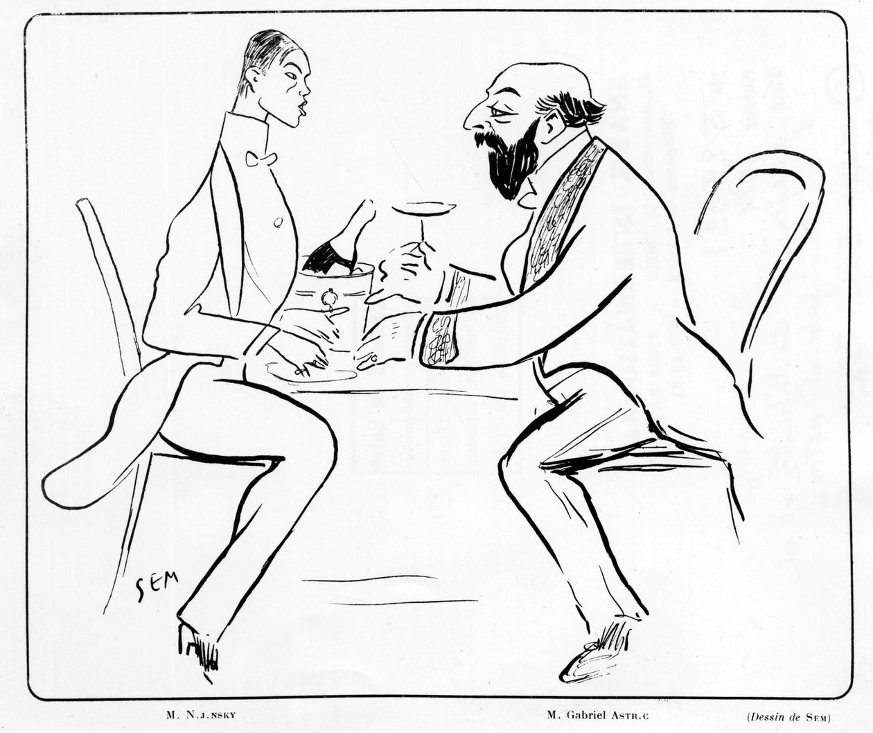Desenho animado de Nijuisky e Gabriel Astri em um café, desenho de Sem (1863 - 1934). de Sem