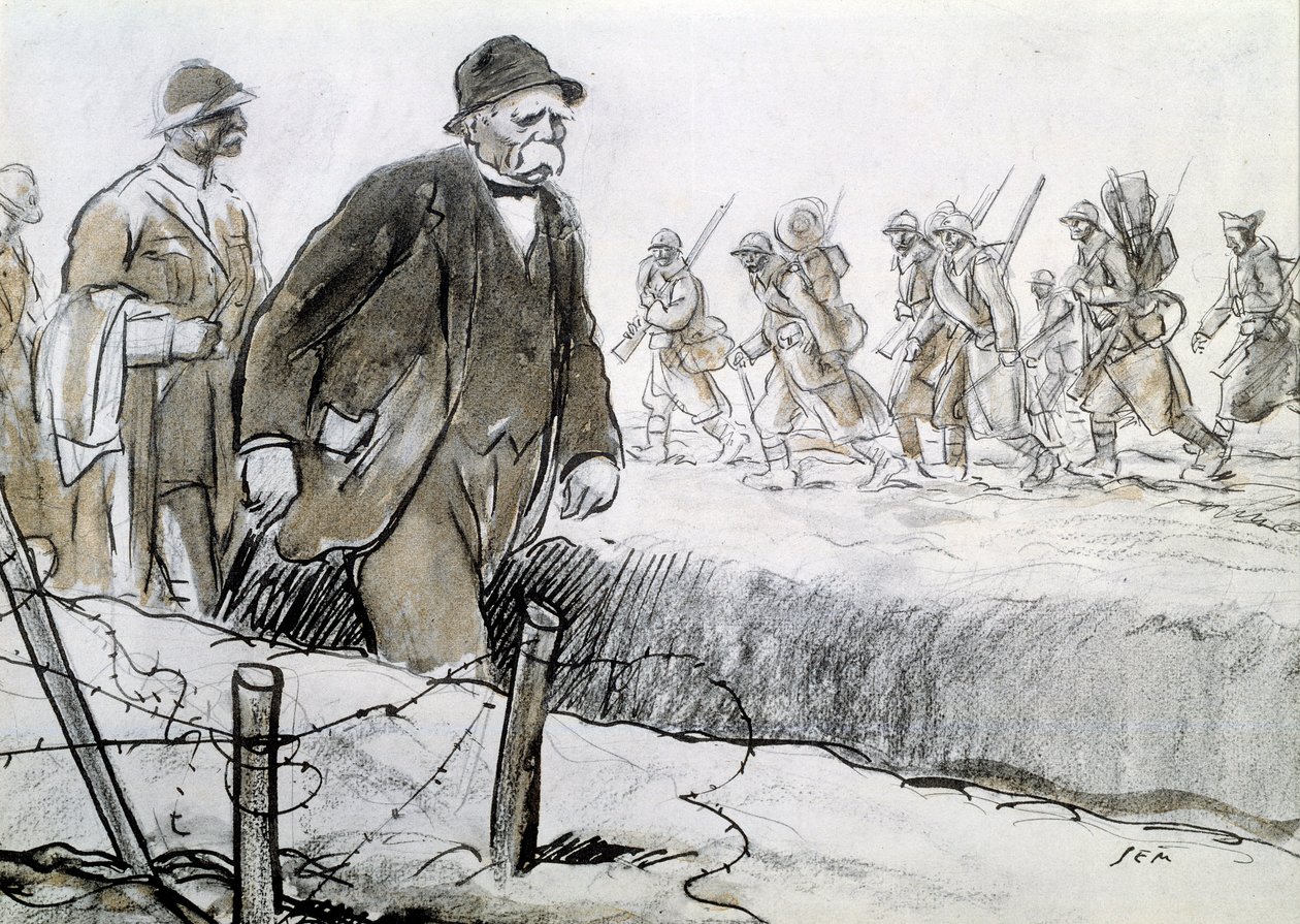 Primeira Guerra Mundial: Retrato de Clemenceau (1841-1929) em um invólucro visitando a frente. Desenho de Georges Goursat dit Sem (1863-1934) de Sem