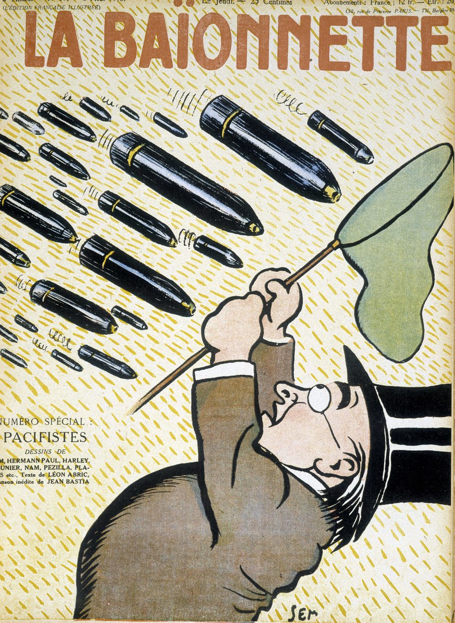 Homem tentando pegar conchas com uma rede borboleta - por Sem (1863 - 1934), em "La Bayonet: les pacifistes" de 08/03/1916. de Sem