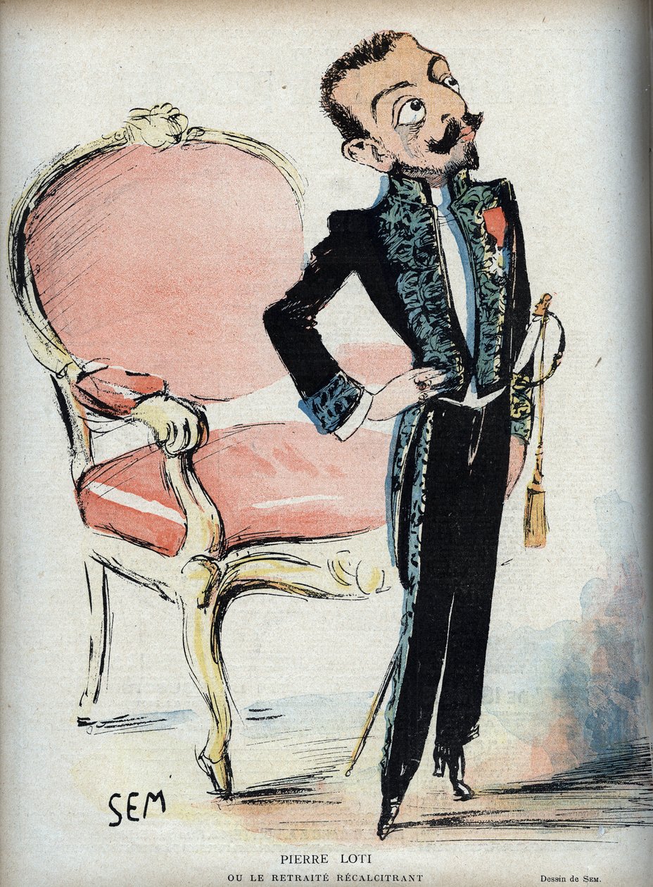 Pierre Loti (1850-1923) ou o recalcitrante retiro - (em vestido verde da Academia Francesa) - Caricatura por SEM (Georges Goursat) (1863-1934) em "Le rire de 1898 - de Sem