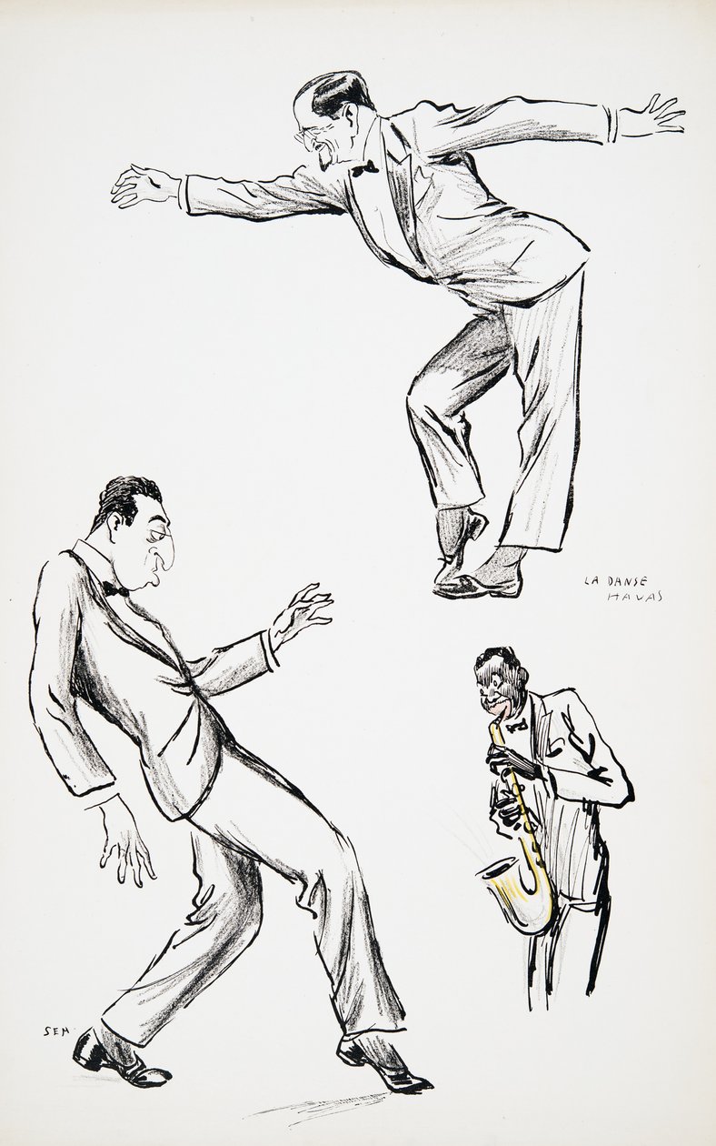 Dois cavalheiros de black-tie executam La Danse Havas ao saxofone, de White Bottoms, pub. 1927 (impressão em bloco de cor), de White Bottoms, pub. 1927 (impressão de bloco de cor) de Sem