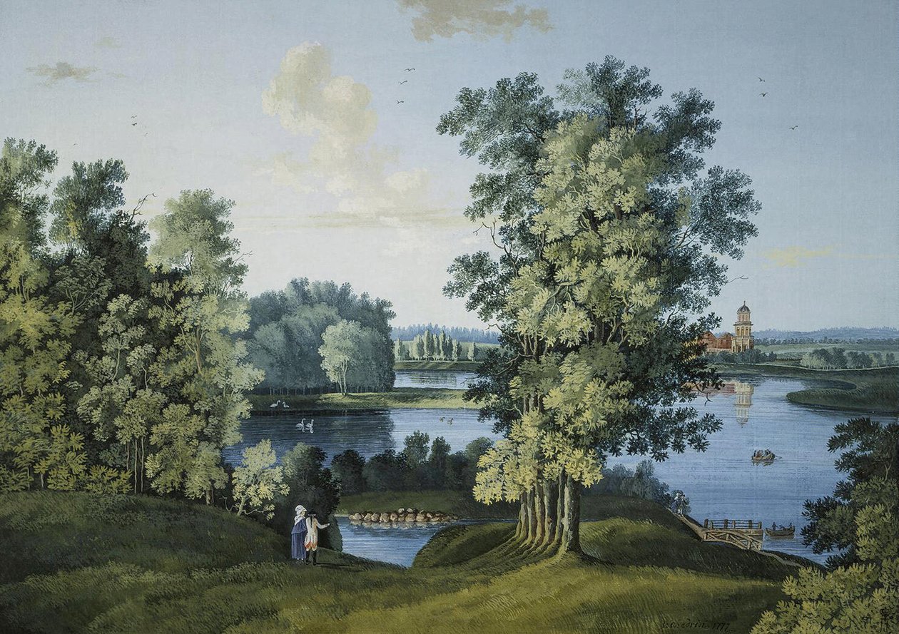 "Vista da Grande Lagoa no Parque em Tsarskoye Selo" por Semyon Fyodorovich Shchedrin (Semion Chtchedrine) (1745-1804), Gouache e tinta sobre papel de Semen Fedorovich Shchedrin