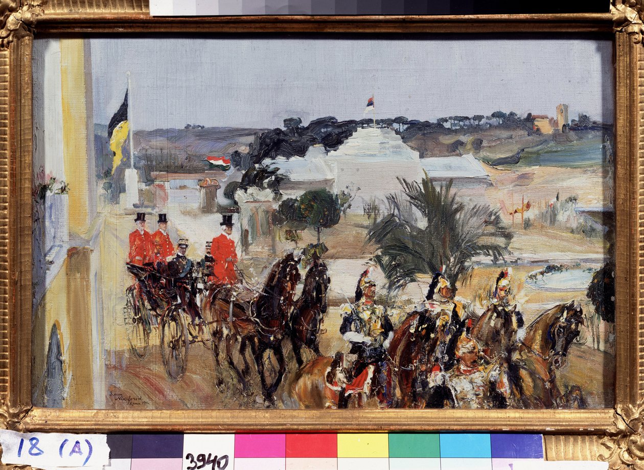 Victor Emmanuel III de Sabóia (Vittorio Emanuele di Savoia) (1869-1947), Rei de Itália, em visita à Exposição Internacional de Roma de 1911. O comboio real em frente ao de Semen Gavriilovich Nikiforov
