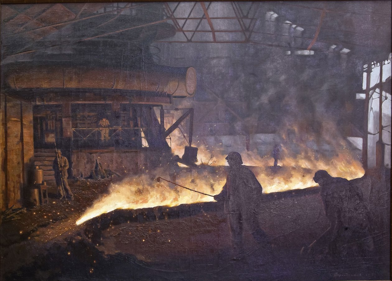 A oficina de laminação a quente da Fábrica ""Red Nail Maker"" em Leningrado par Pavlov, Semyon Andreevich (1893-1941). Óleo sobre tela, tamanho: 85x122 de Semyon Andreevich Pavlov
