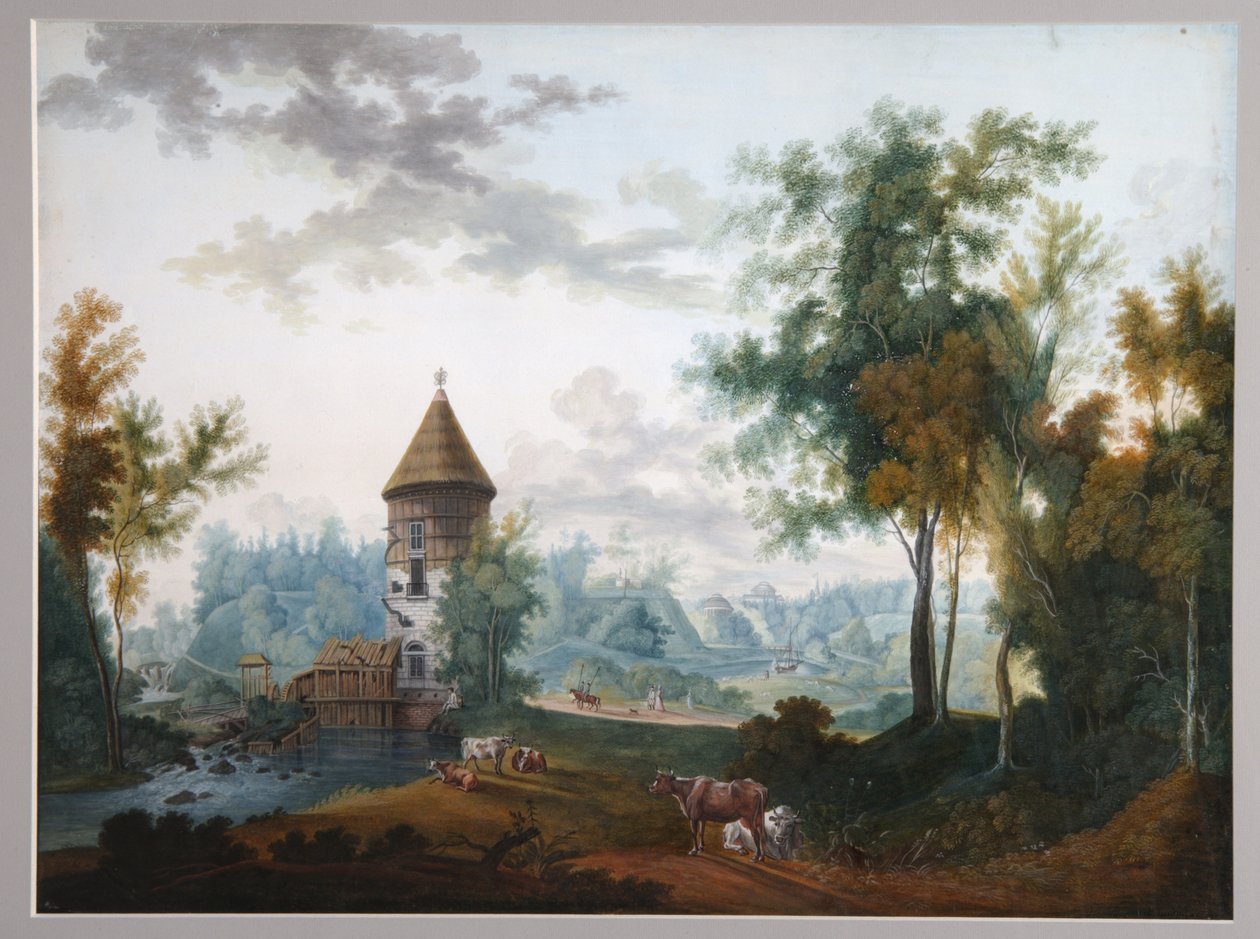 Mill e Pil Tower no parque Pavlovsk, antes de 1797 de Semyon Fyodorovich Shchedrin