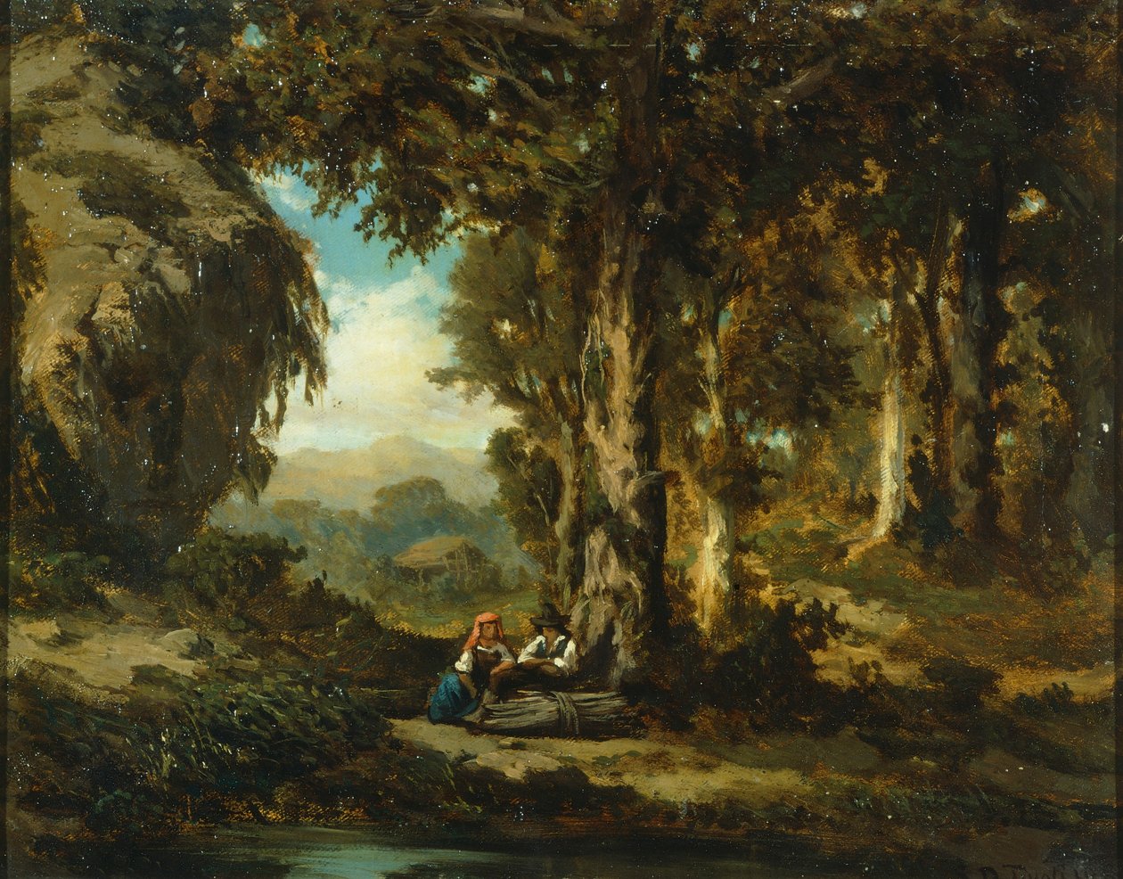 Figuras em madeira, por Serafino De Tivoli (1826-1892), óleo sobre tela, 30x38 cm, Escola Barbizon de Serafino de Tivoli