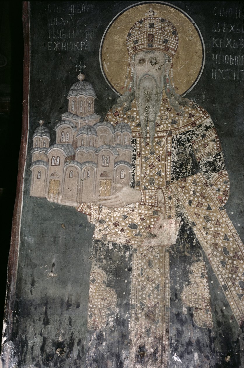 Rei Estêvão Uros II Milutin (r.1282-1321) com um modelo da igreja, 1311-21 de Serbian School
