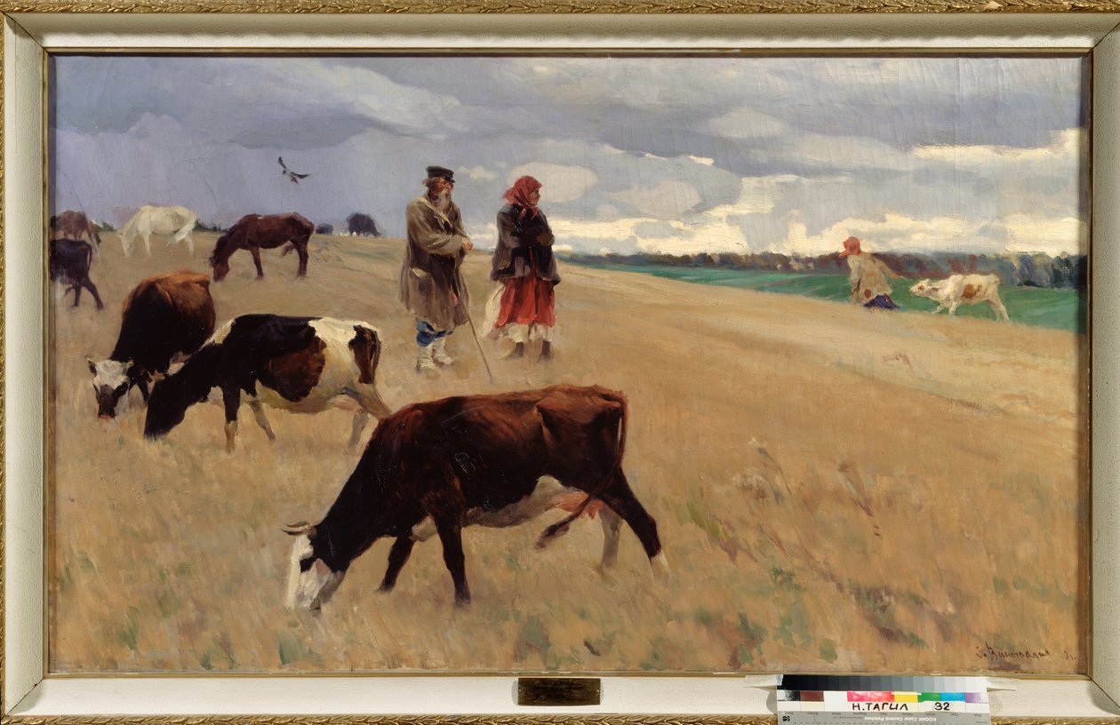 No campo de restolho - Pintura de Sergei Arsenyevich Vinogradov (1869-1938), óleo sobre tela de Sergei Arsenevich Vinogradov