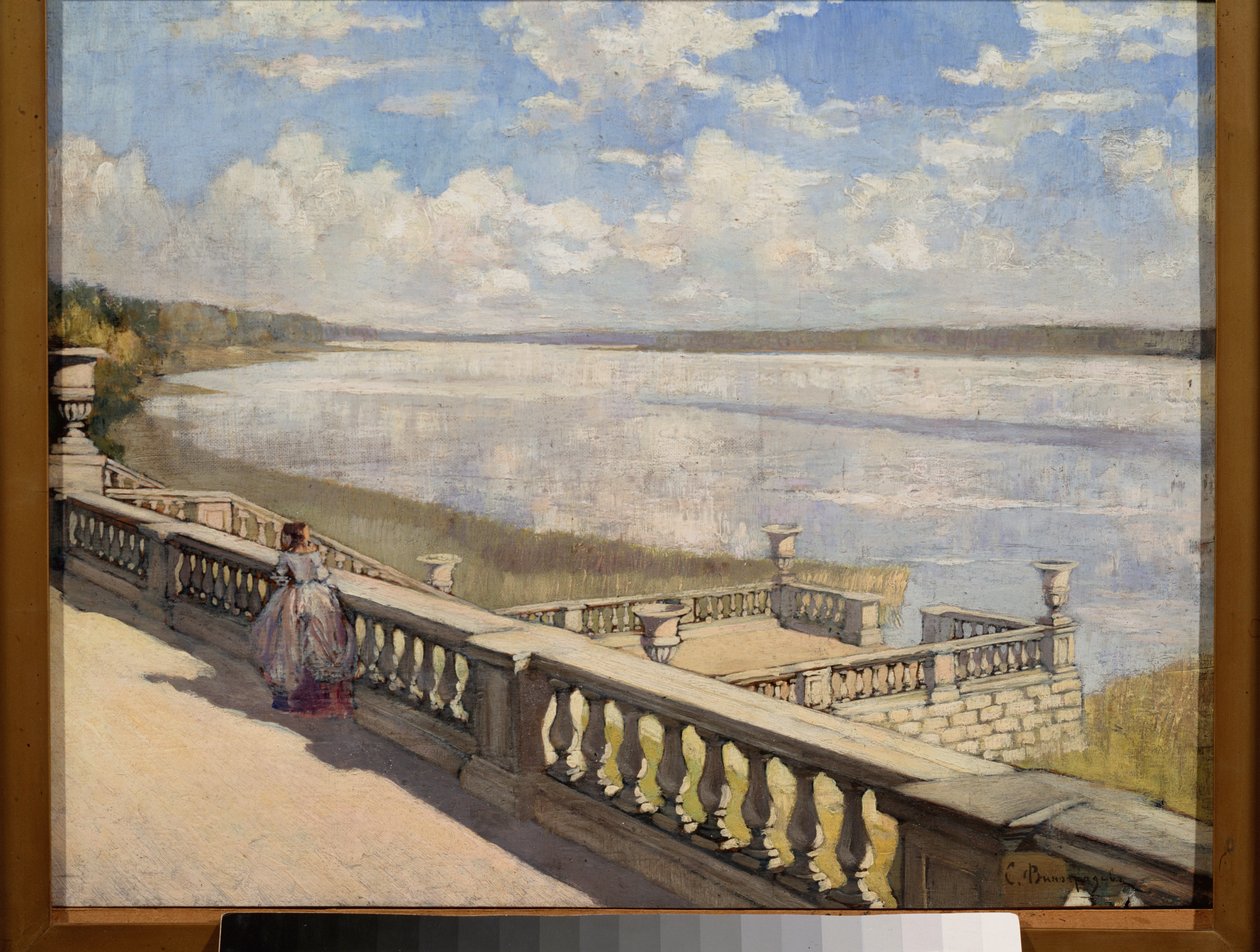 Journee ensoleillee, une femme a la balustrade (Dia de Sol, Uma Senhora na Balaustrada) - Peinture de Sergei Arsenyevich Vinogradov (1869-1938), huile sur toile de Sergei Arsenevich Vinogradov
