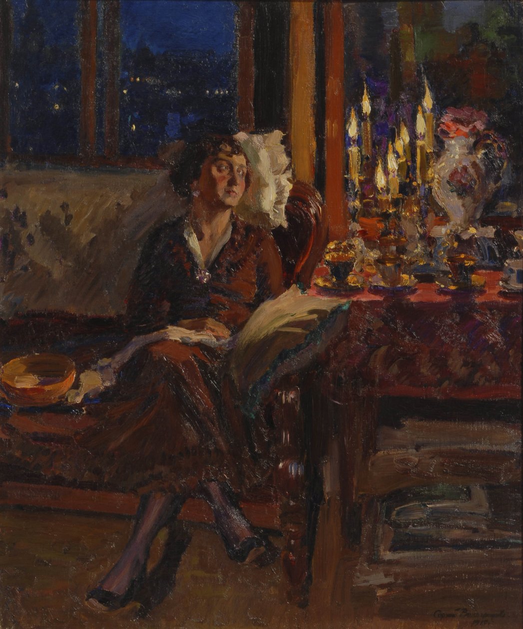 Senhora com livro no interior, 1917 de Sergei Arsenevich Vinogradov