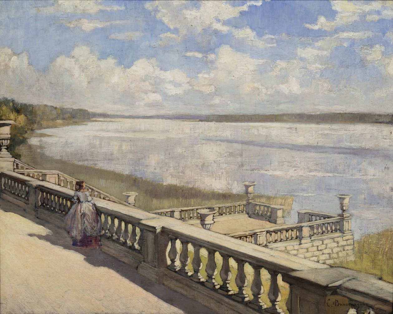 Dia ensolarado. Uma senhora na balaustrada, 1908 de Sergei Arsenevich Vinogradov