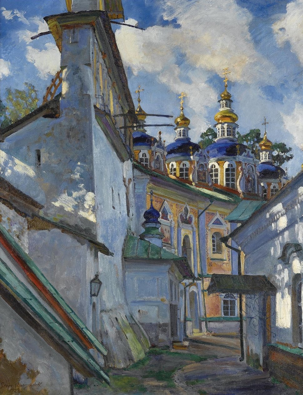 Vista do mosteiro de Pskovo-Pechersky, 1928 de Sergei Arsenevich Vinogradov
