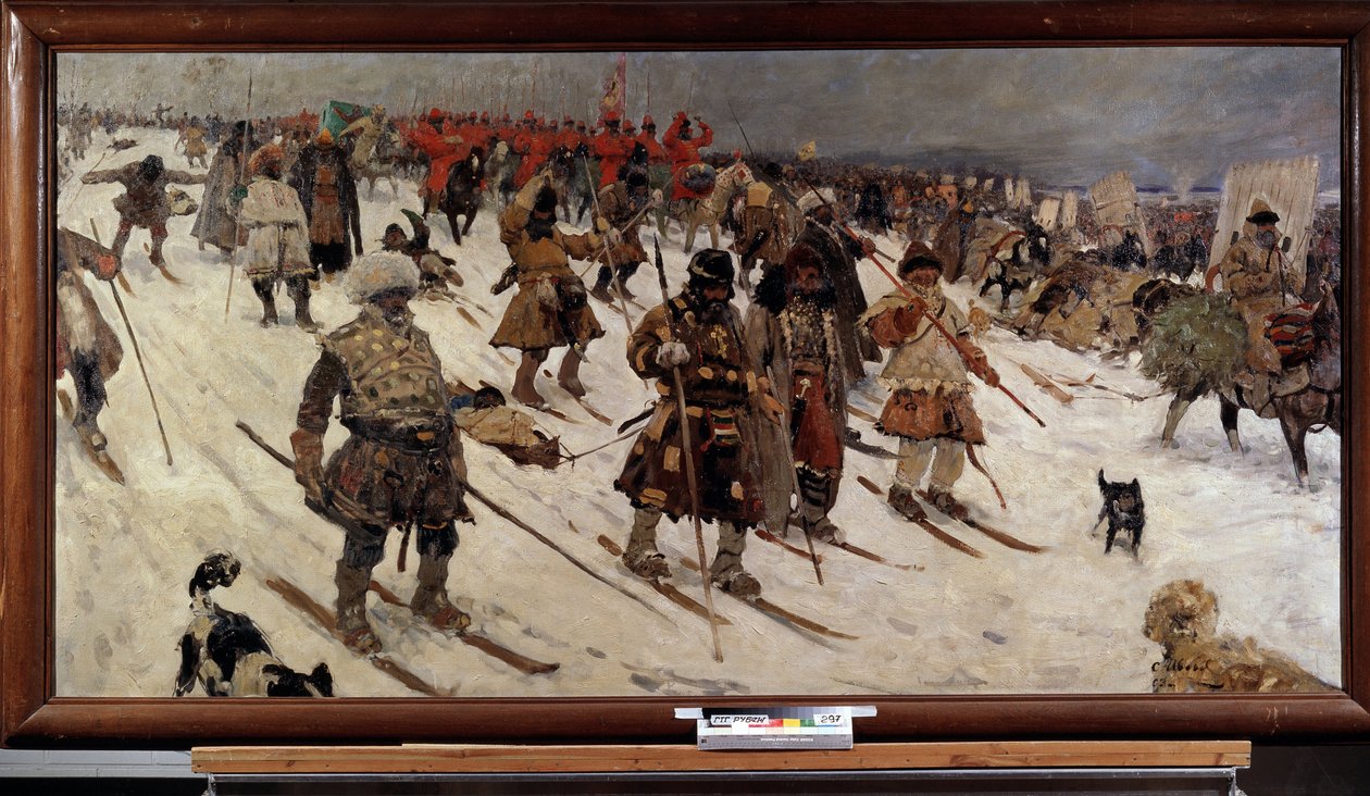 campanha militar russa no século XVI; (Campanha Militar dos Russos no Século XVI). Guerreiros russos em esquis avançando pela neve. Pintura de Sergei Vasilyevich Ivanov (1864-1910), óleo sobre tela de Sergei Ivanovich Gribkov