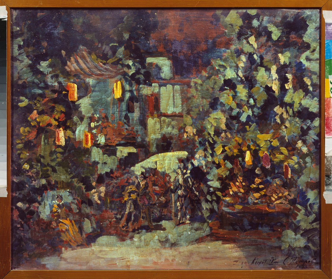 Desenho de palco para a ópera Don Quijote de Jules Massenet (1842-1912) - Desenho de palco para a ópera Don Quijote de Jules Massenet - Pintura de Sergei Ivanovich Petrov (1881-1936), óleo sobre tela - Arte cenográfica russa - Estado Central M Glinka Mu de Sergei Ivanovich Petrov