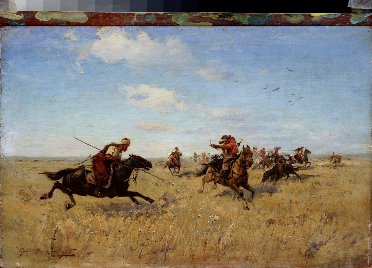 Luta entre Cossacos Dnieper e Tatars - Pintura de Sergei Ivanovich Vasilkovsky (1854-1917), óleo sobre tela de Sergei Ivanovich Vasilkovsky