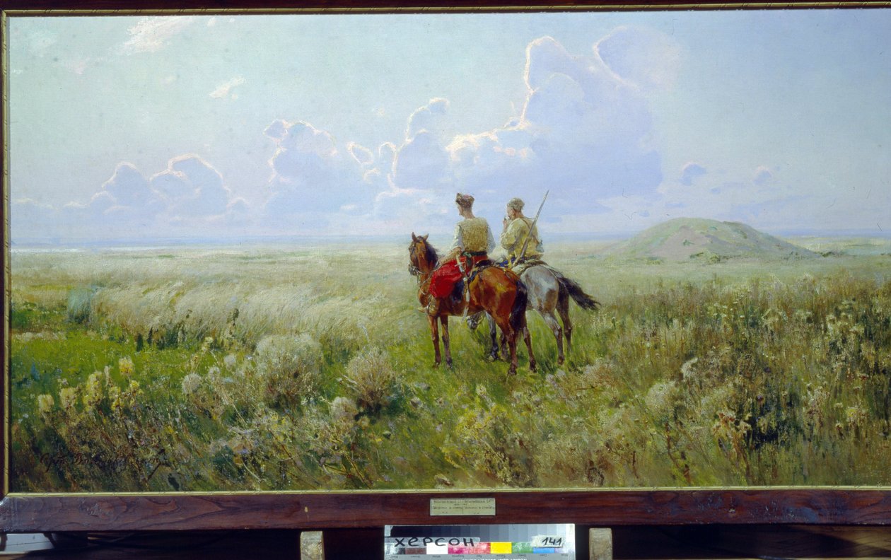 Cossacos na Estepe (Cossacos na Estepe) - Pintura de Sergei Ivanovich Vasilkovsky (1854-1917), óleo sobre tela, cerca de 1900 - Museu Regional de Arte, Kherson (Ucrânia) de Sergei Ivanovich Vasilkovsky