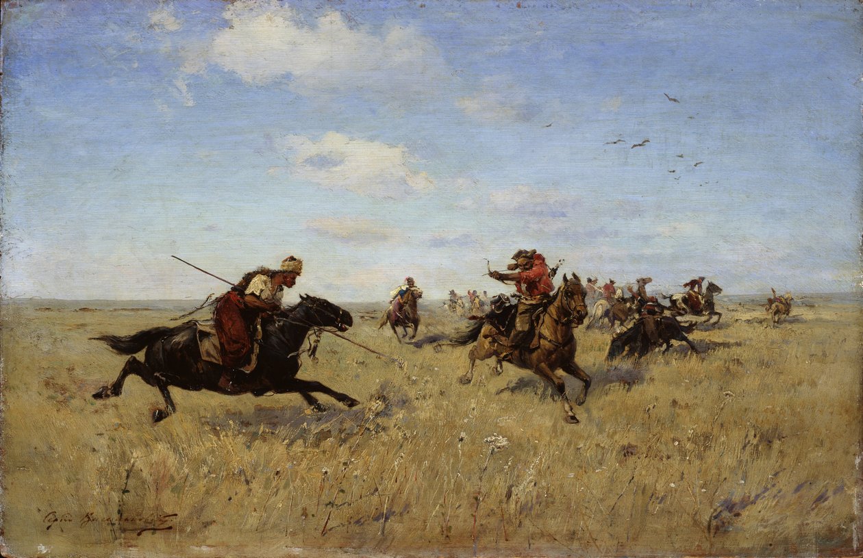 Luta entre cossacos e tártaros do Dnieper, 1892 de Sergei Ivanovich Vasilkovsky