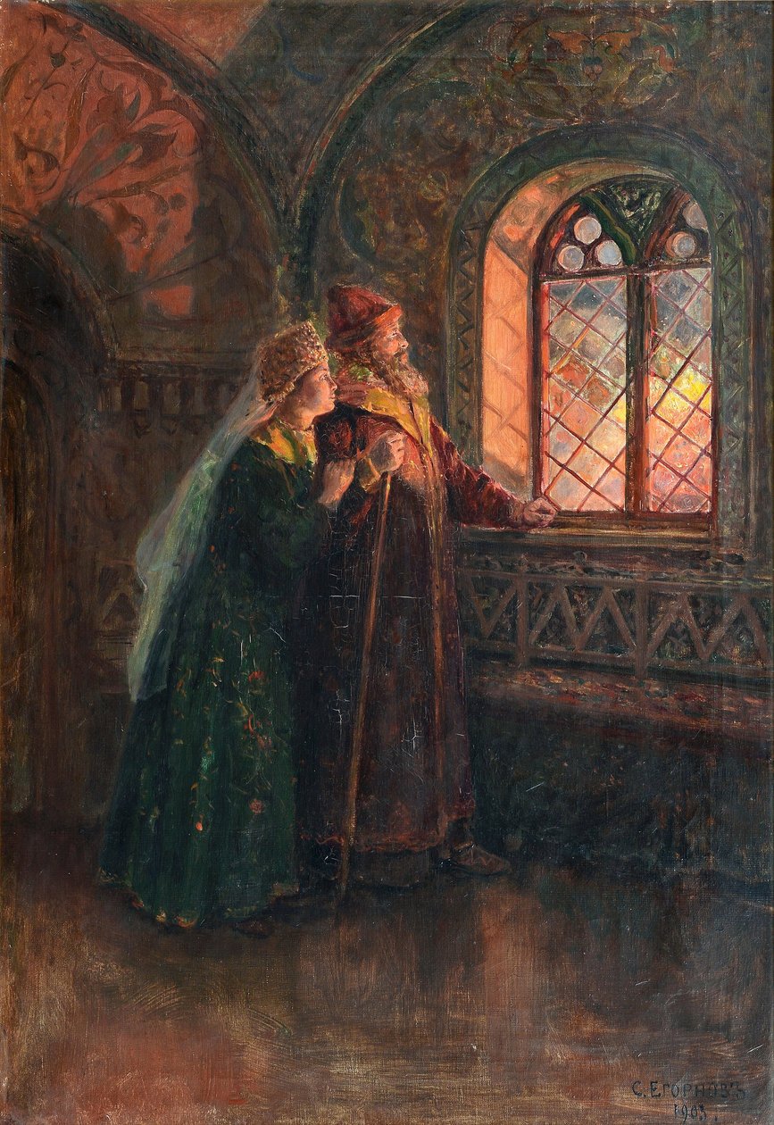 Czar Alexei Mikhailovich e Maria Miloslavskaya durante o incêndio de Moscou, 1903 de Sergei Semyonovich Yegornov