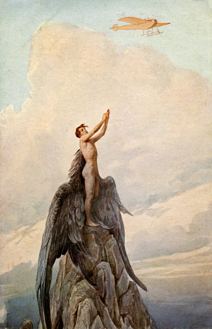 Transporte. Aviação. O sonho de Icarus. A Icarus e o avião. Ilustração de J. Solomko, Hungria, c.1916. (cartão postal) de Sergei Sergeevich Solomko