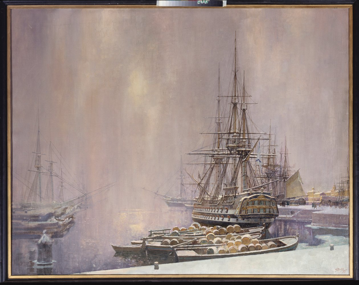 Kronstadt no Inverno (O porto no Mar Báltico no tempo de Pedro o Grande (1672-1725) - Kronstadt no Inverno - Pintura de Sergei Varlenovich Pen (nascido em 1952), óleo sobre tela de Sergei Varlenovich Pen