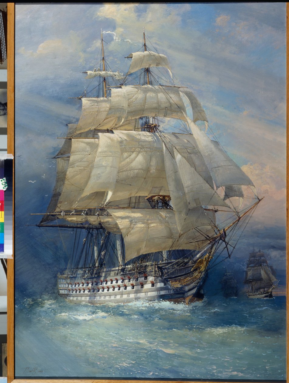 Navio russo de primeira classe da linha Rossia - Pintura por Sergei Varlenovich Pen (nascido em 1952), óleo sobre tela, 2000 de Sergei Varlenovich Pen