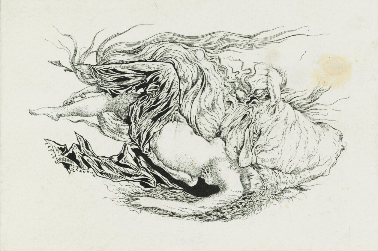 Chernomor e Lyudmila. Ilustração do poema Ruslan e Lyudmila de A. Pushkin, 1921-1926. de Sergei Vasilevich Chekhonin