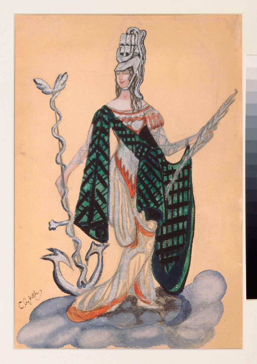 Figurino preparado para a peça de teatro "Le triomphe des Etats" de A Bobrishchev Pouchkine (Bobrishchev-Pouchkine) (Figurino preparado para a peça de teatro "O Triunfo dos Estados Unidos" de A Bobrishchev-Pushkin (Bobrishchev Pushkin) - Oeuvre de Sergei Y de Sergei Yurevich Sudeikin