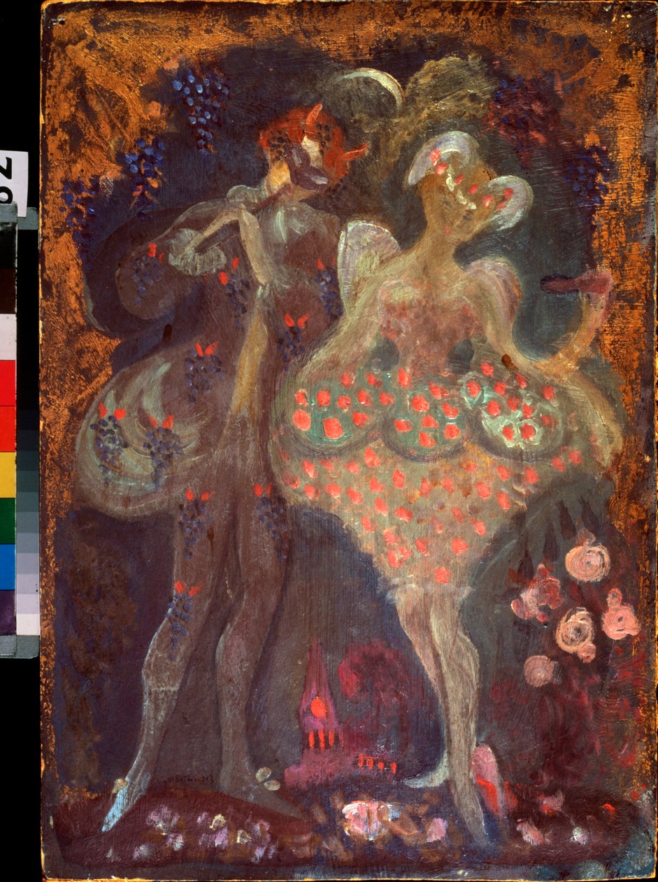 Cupido e um fauno. Obra de Sergei Yurievich Sudeykin (Serge Soudeikine) (1882-1946), têmpera sobre papelão. Arte russa, início do século 20. Museu de Arte Estatal da República do Tartaristão, Kazan (Rússia). de Sergei Yurevich Sudeikin