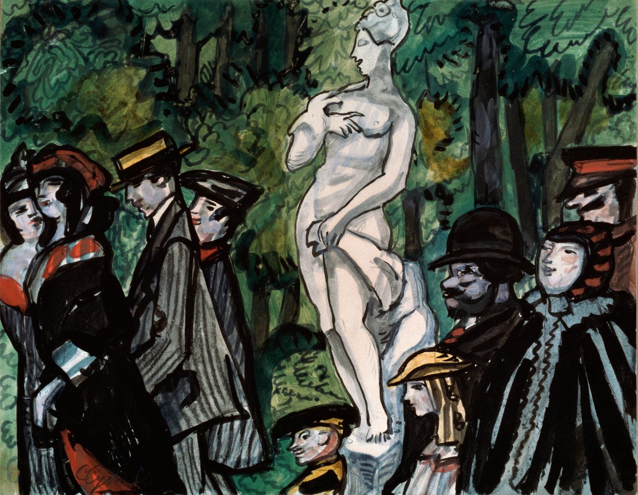 No jardim de verão. (Famílias em suas melhores roupas de domingo em um passeio ao redor de uma estátua em São Petersburgo). Obra de Sergei Yurievich Sudeykin (Serge Soudeikine) (1882-1946), lápis, guache e tinta sobre papel. arte russa de Sergei Yurevich Sudeikin
