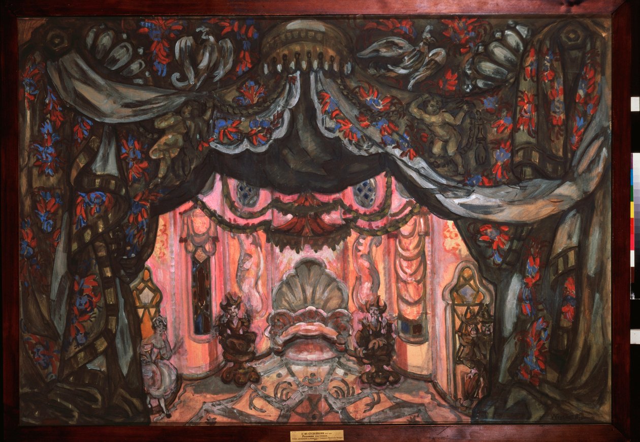 Decoração preparatória para a peça "As Bodas de Fígaro" de Pierre Augustin (Pierre-Augustin) Caron de Beaumarchais (1732-1799). Obra de Sergei Yurievich Sudeykin (Serge Soudeikine) (1882-1946), guache e têmpera sobre papelão de Sergei Yurevich Sudeikin