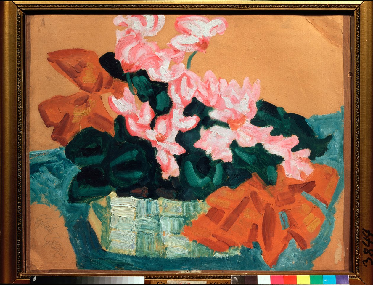 Flores, Natureza Morta - Trabalho de Sergei Yurievich Sudeykin (Serge Sudeikin) (1882-1946), óleo sobre cartão - arte russa, modernismo, art nouveau, século XX - Museu de Arte do Estado Unidos, Kostroma (Rússia) de Sergei Yurevich Sudeikin