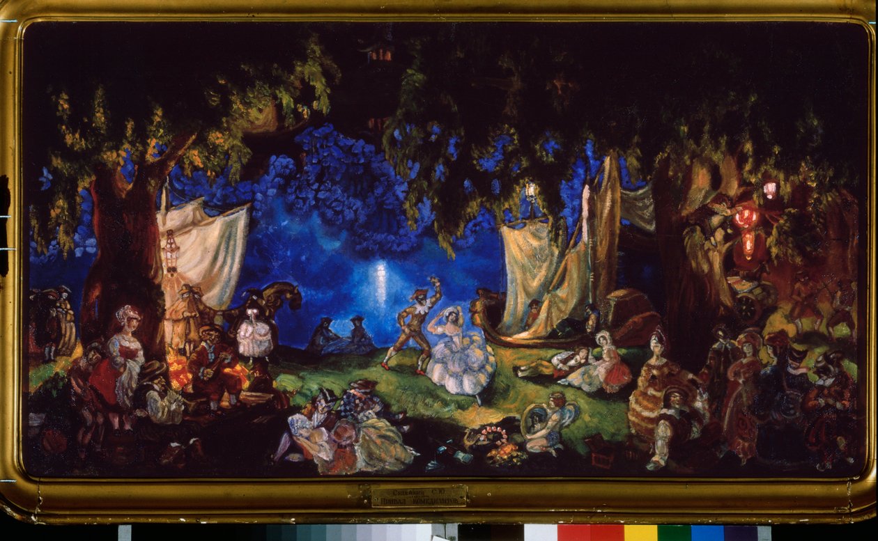 O resto dos actores. (Uma trupe de teatro itinerante, cujos membros dançam, tocam música ou relaxam numa clareira da floresta à luz da lua). Pintura de Sergei Yurievich Sudeykin (Sergei Sudeikin) (1882-1946), óleo sobre tela de Sergei Yurevich Sudeikin