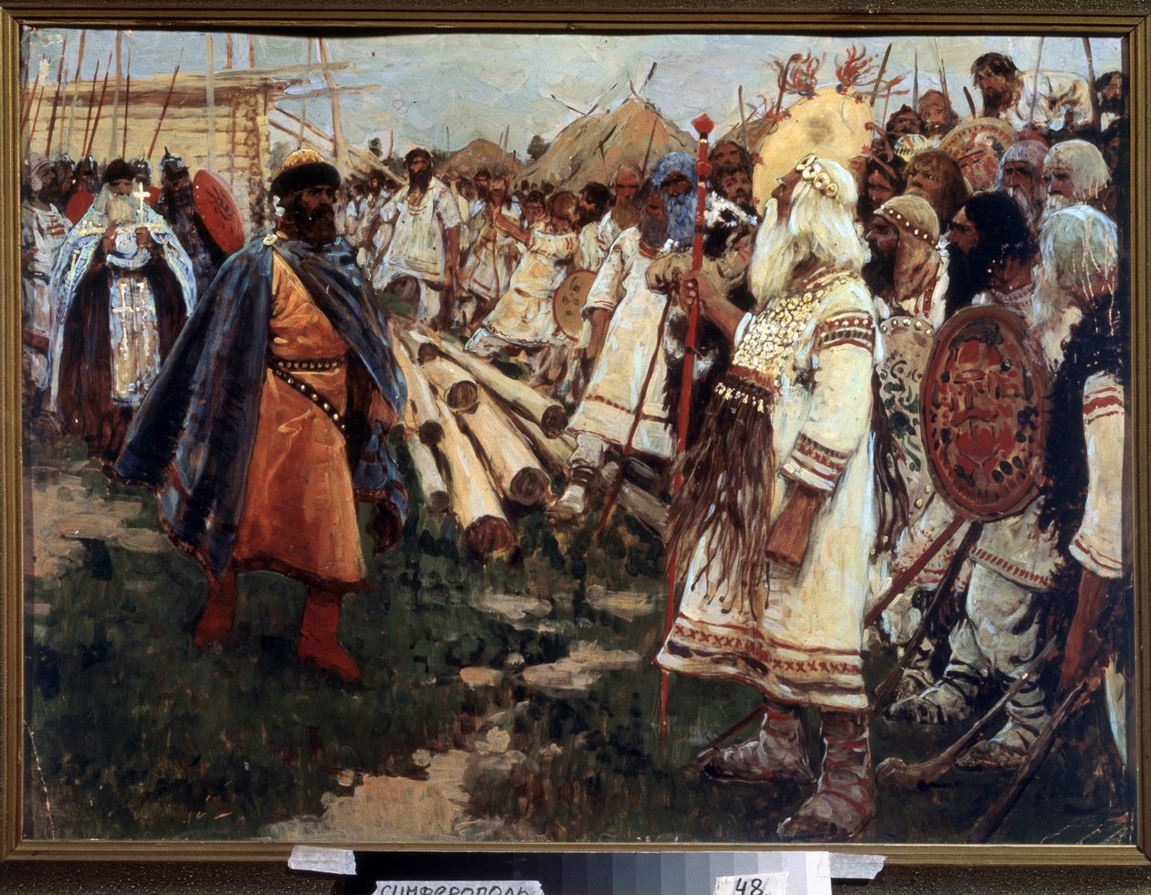 ""Cristianismo e Paganismo"" Cristianização da Ucrânia - Alegoria das duas religiões face a face - Pintura de Sergei Ivanov (1864-1910) 1909 Museu Regional de Arte, Simferopol de Sergej Vasilevic Ivanov