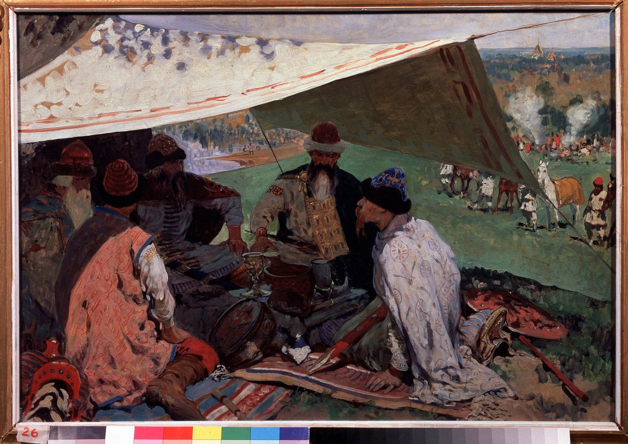 Convenção dos Príncipes Russos. Encontro de príncipes da dinastia Riourikid sob uma tenda na Idade Média. Pintura de Sergei Vasilyvich Ivanov (1864-1910), óleo sobre tela de Sergej Vasilevic Ivanov