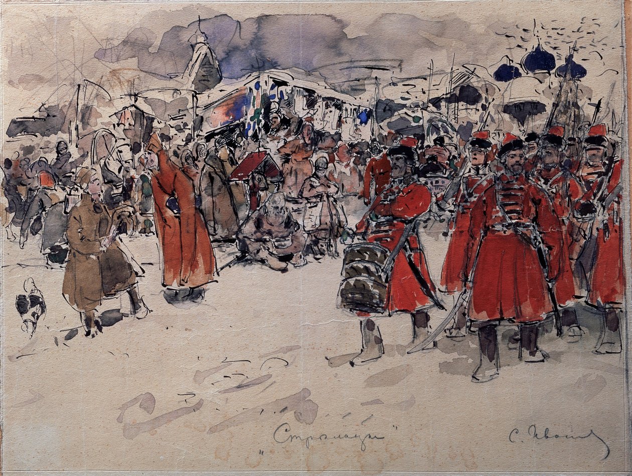 Tropa do Streltsy (ou Strelets), um corpo militar russo que existiu entre os séculos XVI e XVIII (The Streltsy). Trabalho de Sergei Vasilyevich Ivanov (1864-1910), aguarela sobre papel, arte russa, final do século XIX e início do século XX. Museu de Arte d de Sergej Vasilevic Ivanov